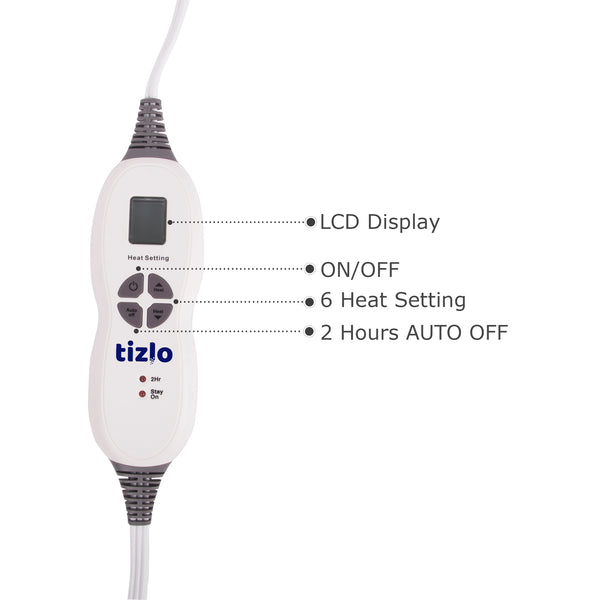 Tizlo XL King-Size Micro-plush Heating Pad, 6 Heat Settings, Select Hour Auto-Off, Moist/Dry Heat, 12" x 24"